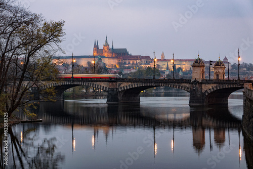 Scenic view of bridges on the Vltava river and historical center of Prague with Prague Castle, buildings and landmarks of old town,Prague,Czech Republic.