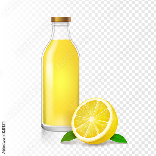 Lemon juice glass bottle. Realistic Vector