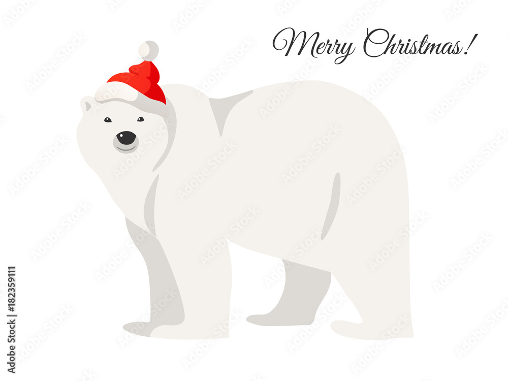 Fototapeta premium Christmas card. Illustration of white polar bear in Santa red hat isolated on white. 