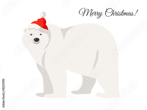 Christmas card. Illustration of white polar bear in Santa red hat isolated on white. 