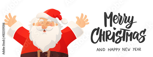 Christmas banner with funny cartoon Santa Claus. Merry Christmas hand drawn text.