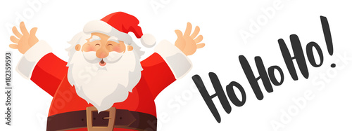 Christmas banner with funny cartoon Santa Claus. Ho-ho-ho hand drawn text. Red Santa hat and beard.