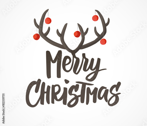 Merry Christmas card. Hand drawn lettering. Reindeer horns with Christmas balls decoration. Great for gift tags and labels.