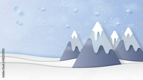 Mountains and sky on winter season landscape background.Paper art style vector illustration.