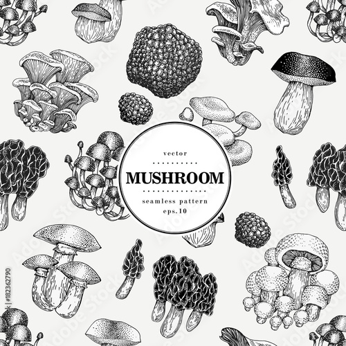 Seamless vector pattern with mushrooms. Hand drawn background with different fungus kinds. Vector banner template. Vintage illustration.