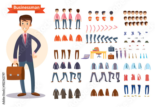 Set of vector cartoon illustrations for creating a character, businessman. Collection of faces, front, side and back view, emotions, hands and feet bent in different positions, clothes and accessories