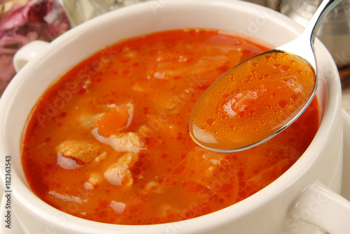 Closeup of borsch, russian national red soup