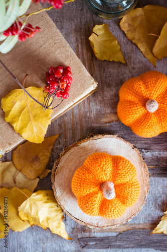 Autumn still life with a pumpkin and fallen leaves. Handmade pumpkin made of wool. Top view