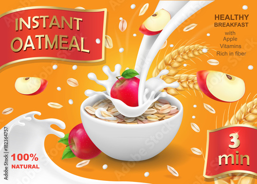Oatmeal instant with apple and milk ads. Vector realistic illustration