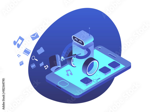 Robot clears smartphone from unnecessary applications. Automatic cleaner isometric illustration.