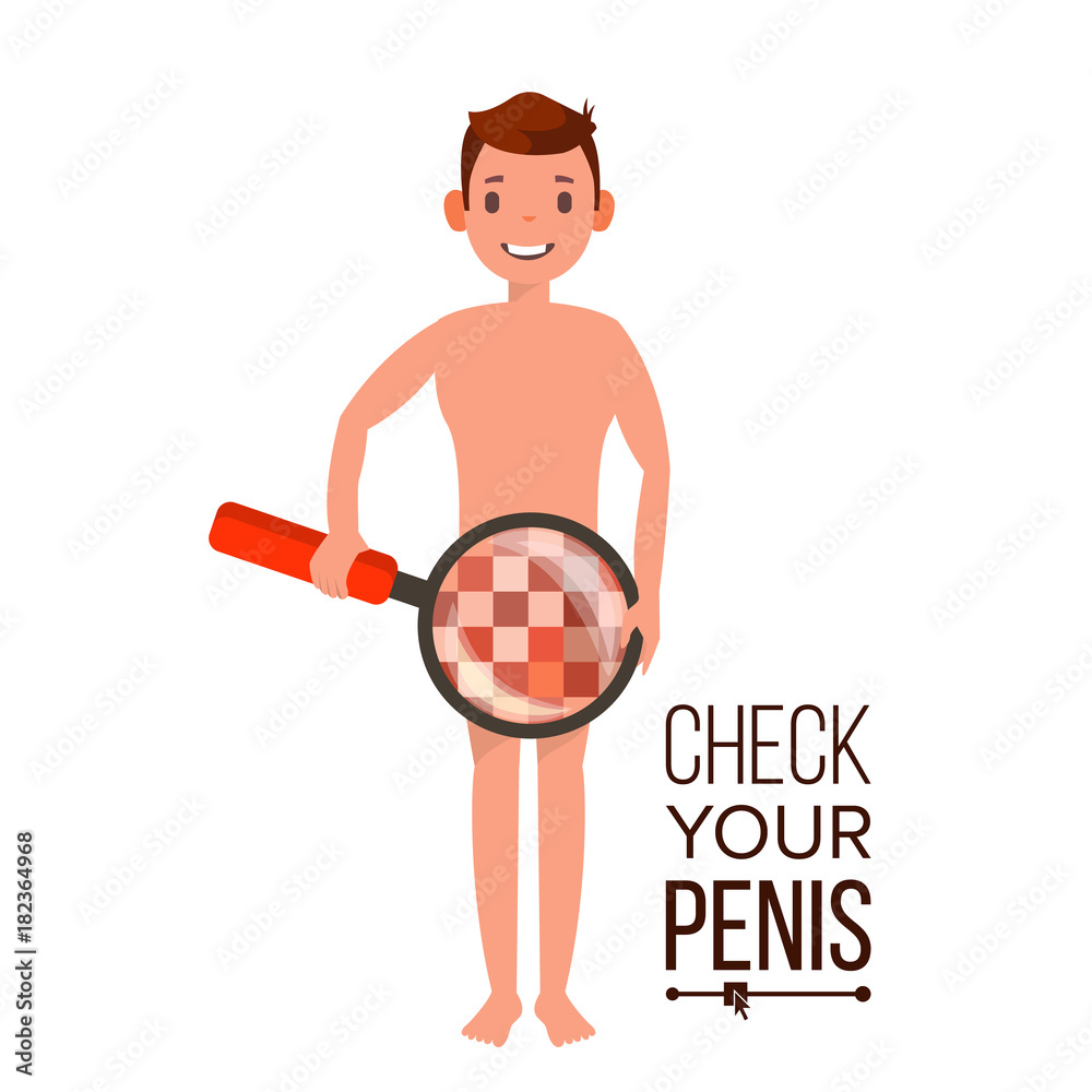 Check Your Penis Vector. Naked Man With Magnifying Glass. Censored Skin image