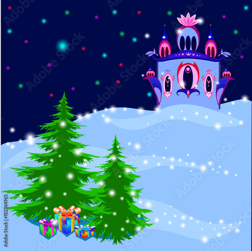 Ice Royal Palace in magic winter illustration, vector
