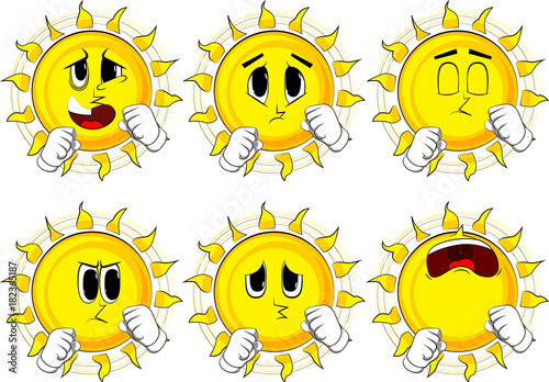 Cartoon sun holding his fists in front of him ready to fight. Collection with sad faces. Expressions vector set.