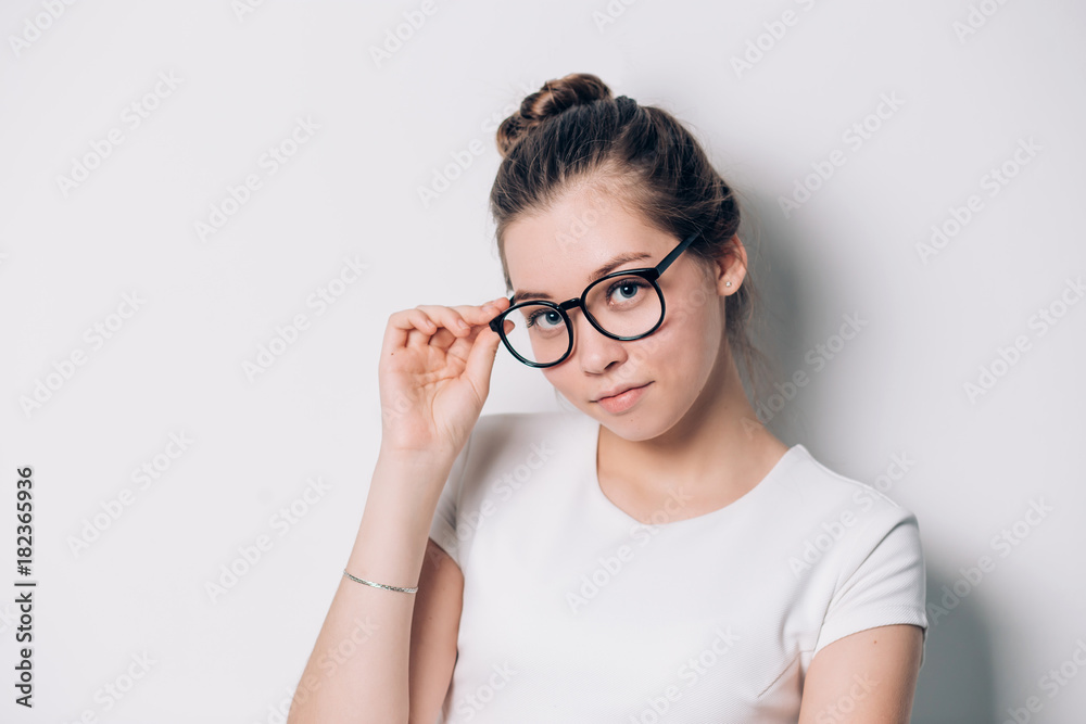woman in glasses, Beautiful smiling girl on a white background