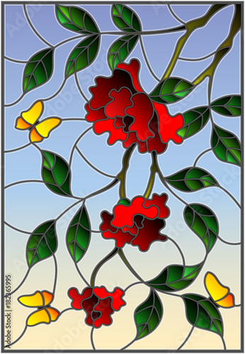 Illustration in stained glass style with flowers    leaves of  rose and butterflies on the sky background