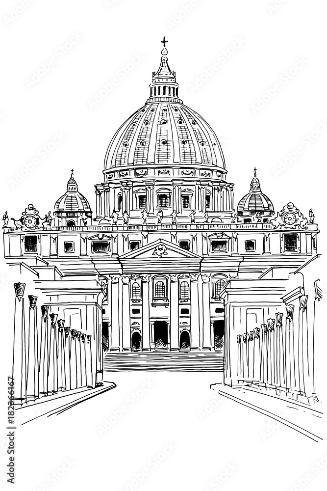 vector sketch of St. Peter's cathedral in Vatican City Rome Italy.