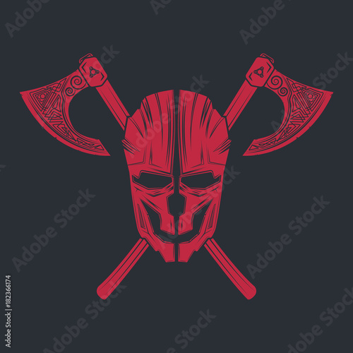 Helmet in the form of a skull with scratches. Two crossed axes. Ghost warrior. Isolated on background. Logo, badge, emblem.