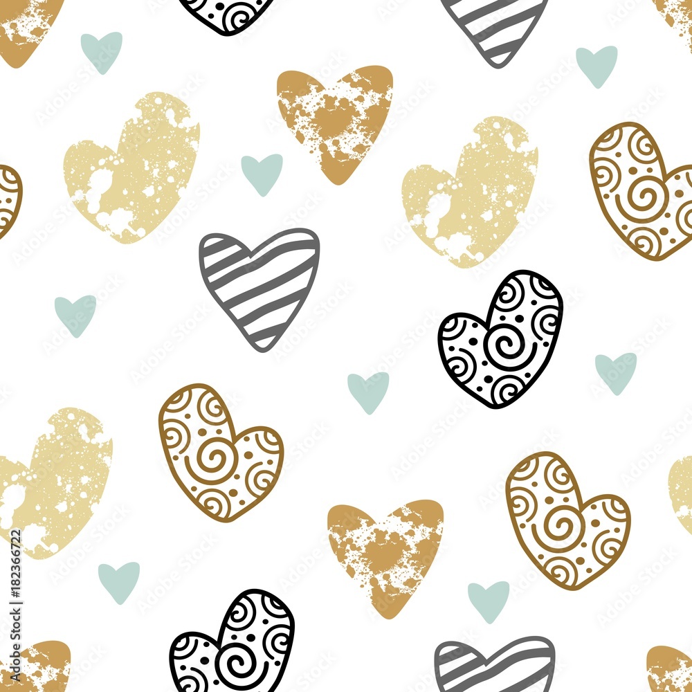 Seamless pattern with hand drawn hearts. Festive labels.