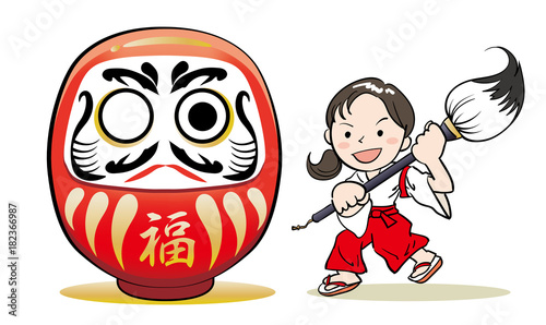 片目のだるまと女性