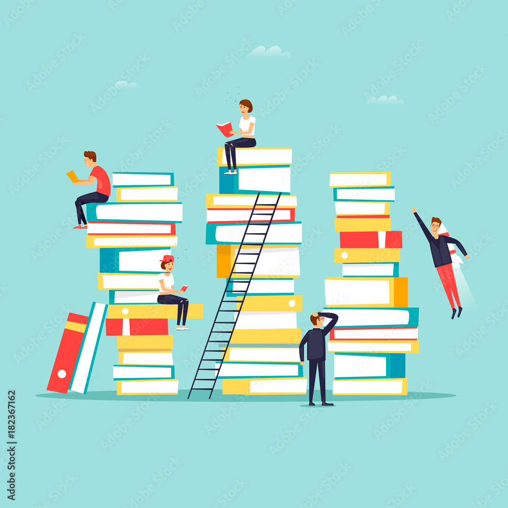 Naklejka premium Reading books, library. Flat design vector illustration.