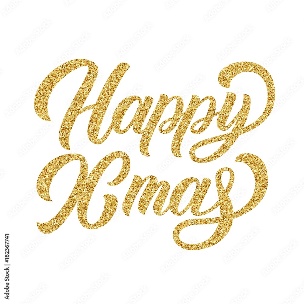 Happy Xmas brush hand lettering, with golden glitter trxture on white background. Vector illustration. Can be used for holidays festive design.