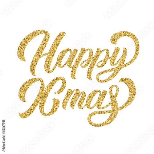 Happy Xmas brush hand lettering, with golden glitter trxture on white background. Vector illustration. Can be used for holidays festive design.