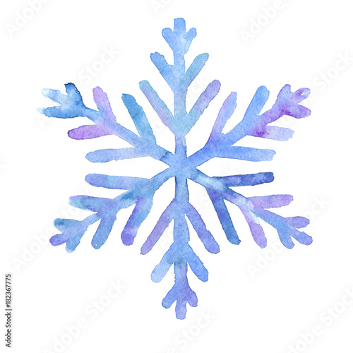 Hand drawn watercolor blue snowflake isolated on white background. Winter season illustration.