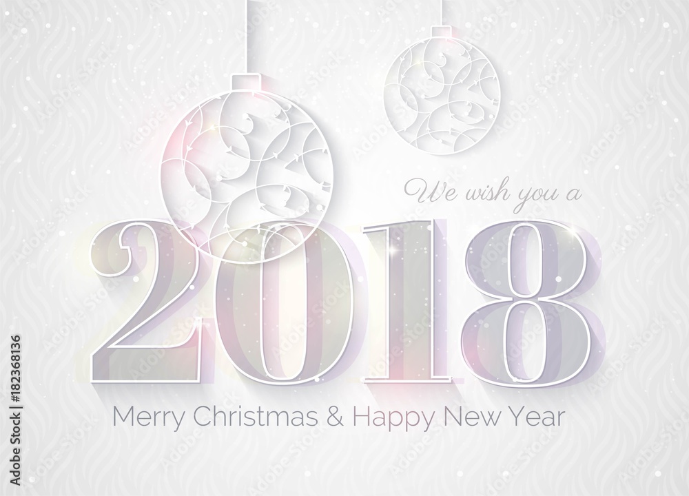 2018 white sparkling background.  Happy new year greeting card with numbers 2018 and christmas baubles. Elegant Christmas silver background.  Vector illustration.