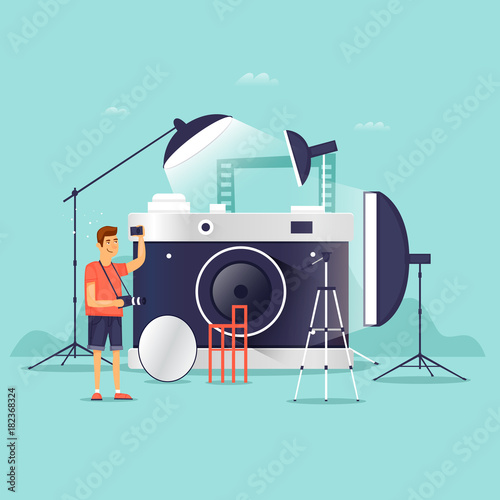 Photographer, photo studio. Flat design vector illustration.