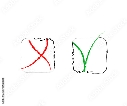 Yes and No Vector Set Square Frames, Isolated.  Hand Painted Election, Quizz, Voting, Test Symbols. Ink Brush Rejection and Approval, Query Choice Icons. Yes and No Tick and Cross Symbolic Marks.