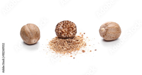 Milled nutmeg powder isolated on white background