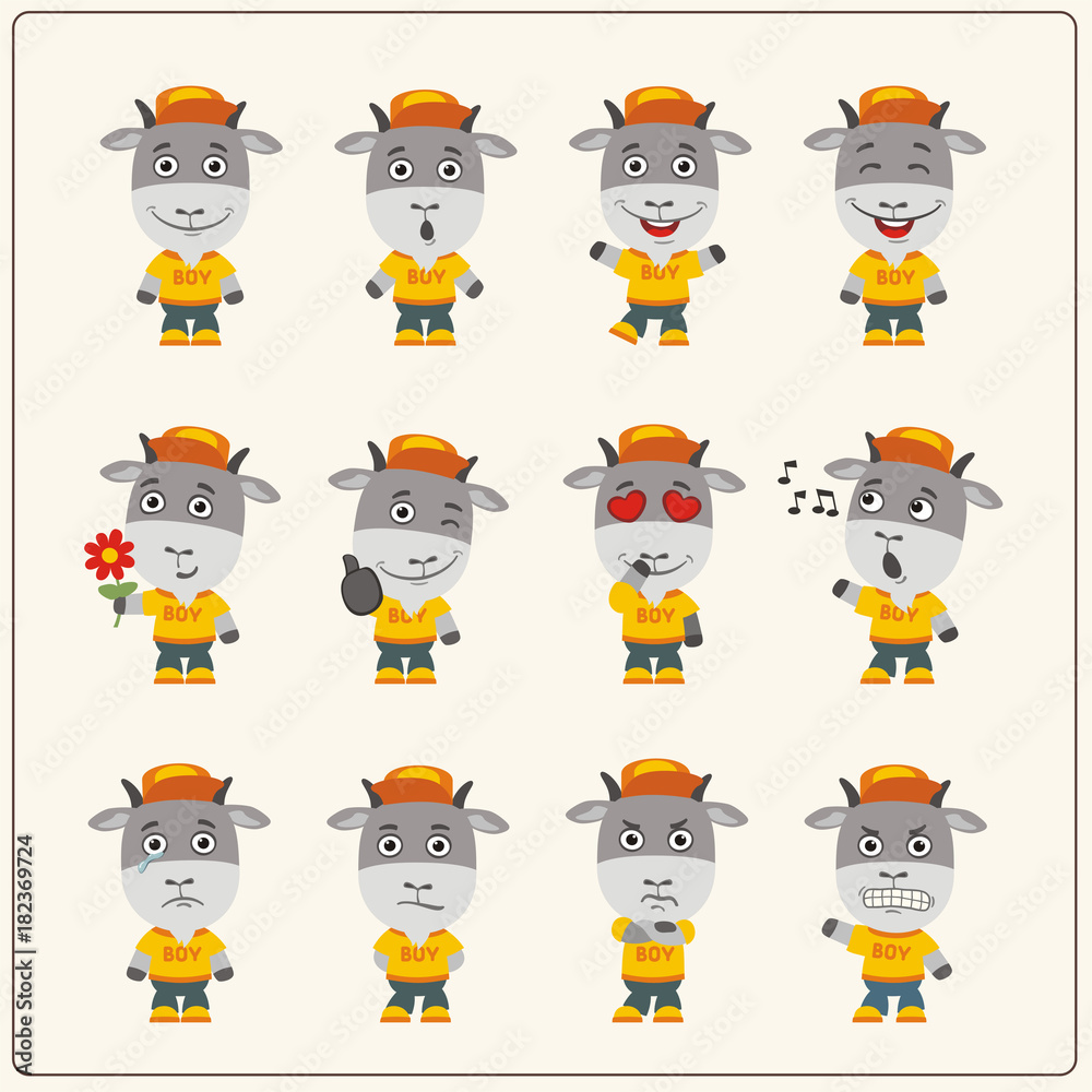 Obraz premium Set of goat little boy in cartoon style. Collection of isolated goat in clothes and cap.