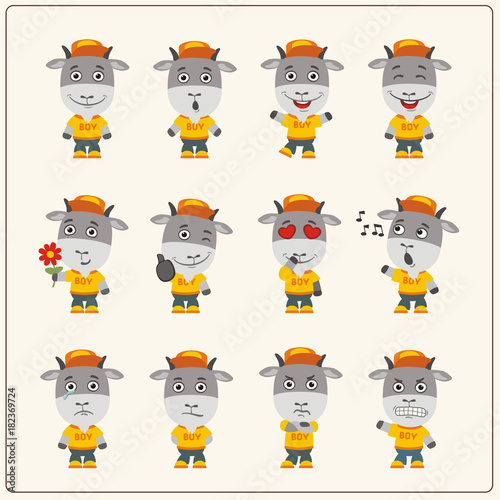 Set of goat little boy in cartoon style. Collection of isolated goat in clothes and cap.