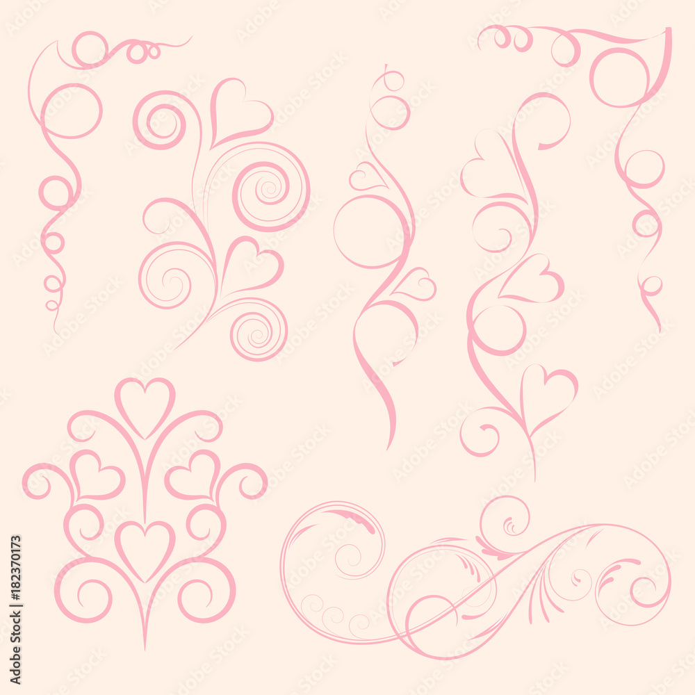 Set of abstract vertical floral pink swirl with heart on pink background. Vector illustration for greeting card. Set of abstract vertical floral pink swirl with heart on pink background. Vector illustration for greeting card.