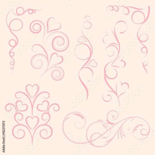 Set of abstract vertical floral pink swirl with heart on pink background. Vector illustration for greeting card.