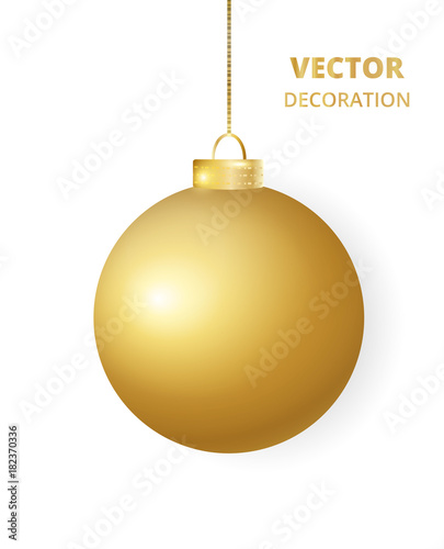 Hanging Christmas ball. Sparkling golden glitter bauble, holiday decoration. 