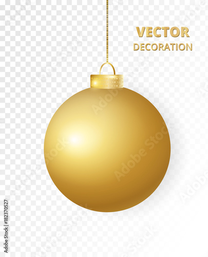 Hanging Christmas ball. Sparkling golden glitter bauble, holiday decoration. 