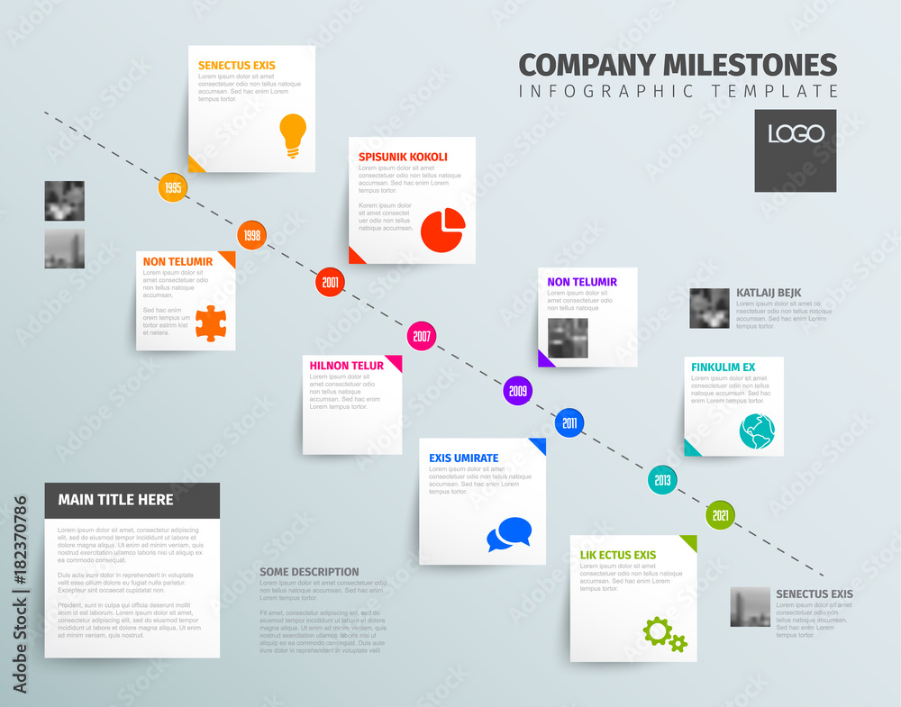 Simple diagonal timeline with some facts, photos and icons Simple diagonal timeline with some facts, photos and icons
