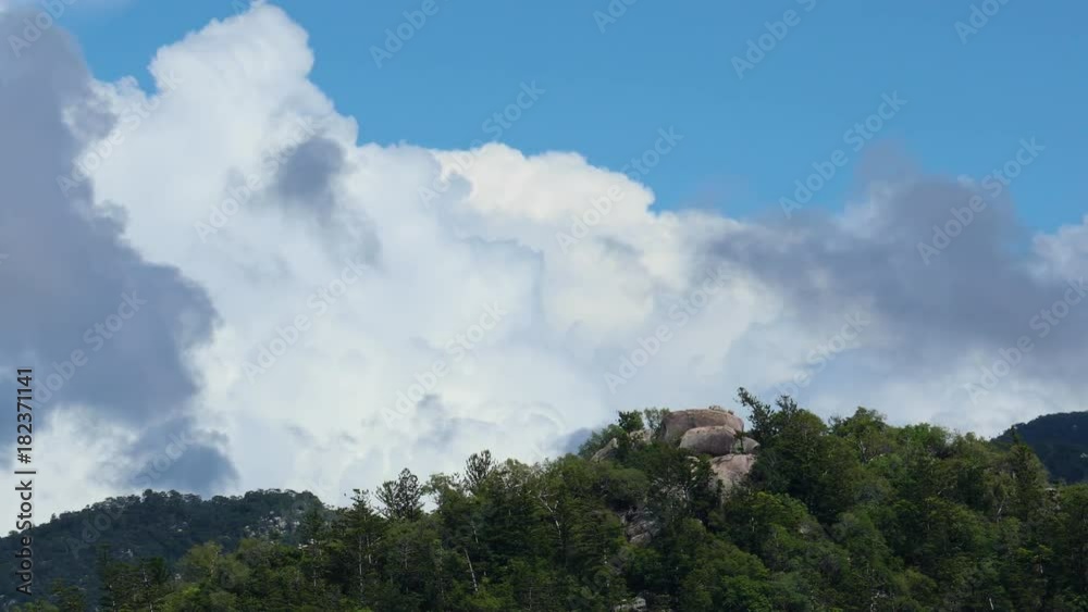 A moving shot of a mountain range covered with trees. The clouds are partly white and grey. A moving shot of a mountain range covered with trees. The clouds are partly white and grey.