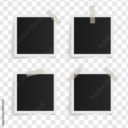Set of square vector photo frames on sticky tape on a transparent background. Template photo design. Vector illustration