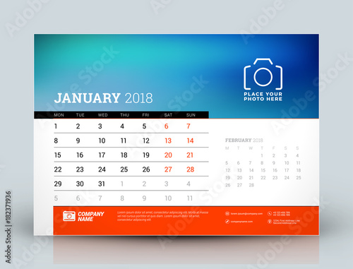 Vector calendar design template. January 2018. Place for photo. Red and black colors. Two months on the page. Week starts on Monday