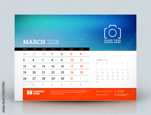 Vector calendar design template. March 2018. Place for photo. Red and black colors. Two months on the page. Week starts on Monday