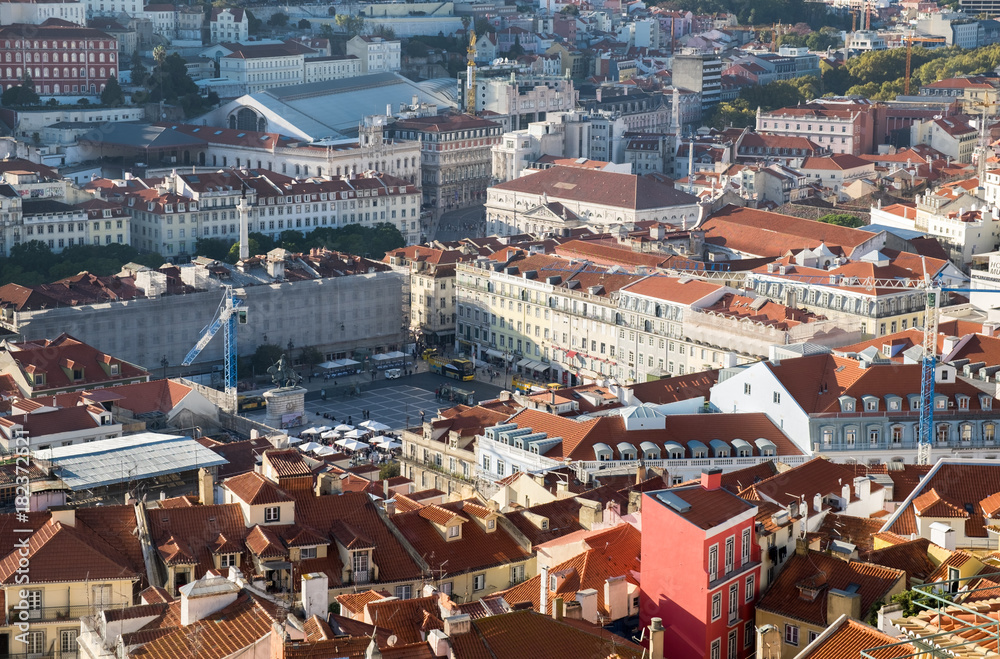 Beautiful aerial view of Praca da Figueira (Square of the Fig Tree) in Lisbon, Portugal.
