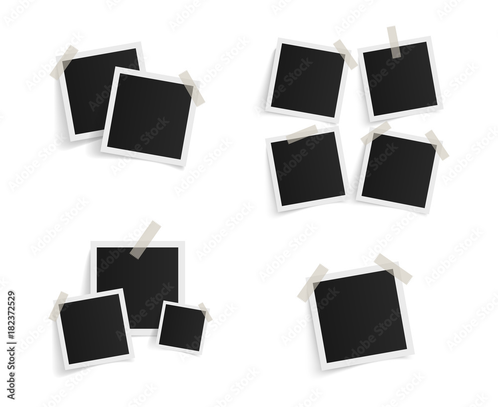 Set of square vector photo frames on sticky tape on white background. Template photo design. Vector illustration Set of square vector photo frames on sticky tape on white background. Template photo design. Vector illustration