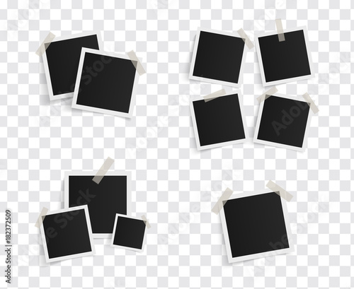 Set of square vector photo frames on sticky tape on a transparent background. Template photo design. Vector illustration