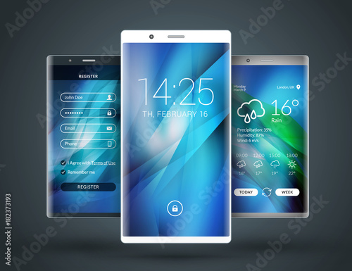 Mobile interface wallpaper design. Abstract vector background. Modern smartphone application interface elements. Metallic, white and black smartphones