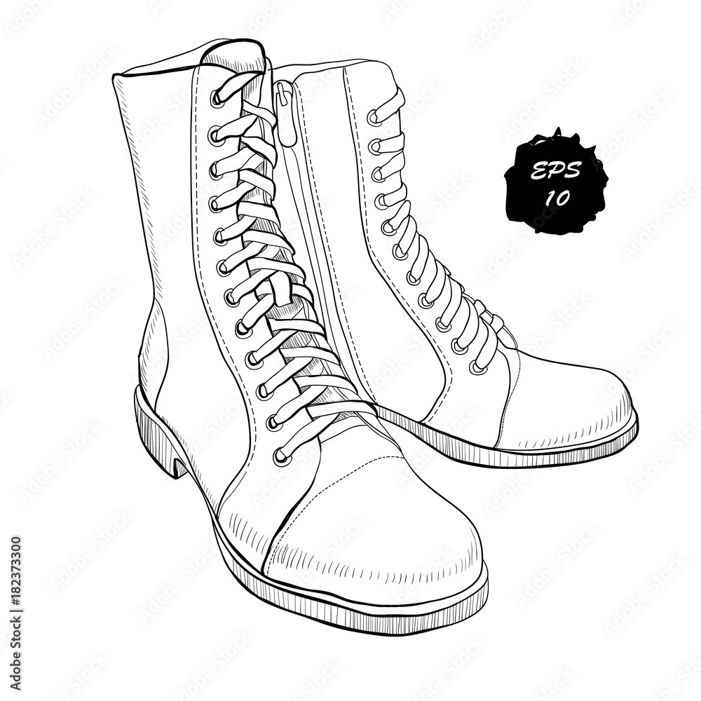 illustration of hand drawn graphic Men and women Footwear shoes. Shoe for casual and sport style gumshoes boots for cold seasons. Doodle drawing Design isolated object. Stock Adobe Stock