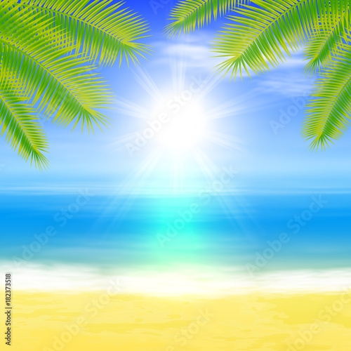Beach and tropical sea with palmtree leaves. Summer background. © hamara
