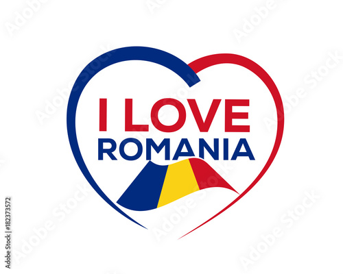 I love romania with outline of heart and romanian flag, icon design, isolated on white background.