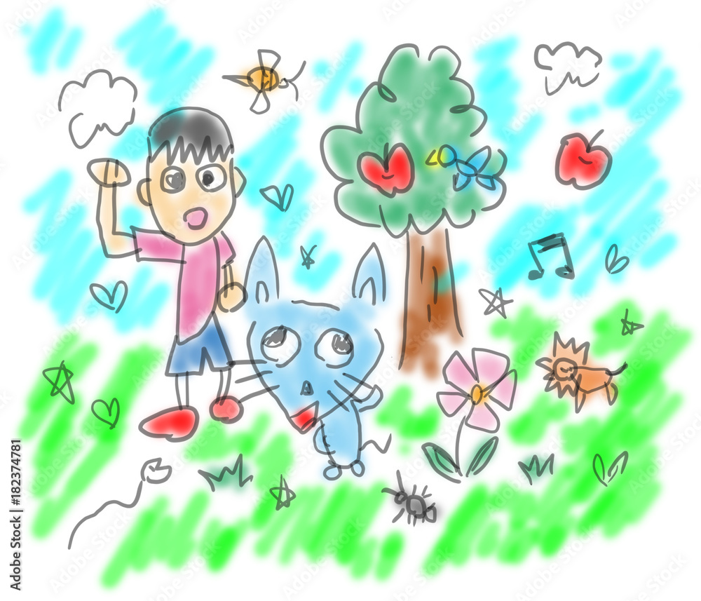 犬 猫 謎の動物と少年の夏休み 子供の絵日記風イラスト Stock Illustration Adobe Stock